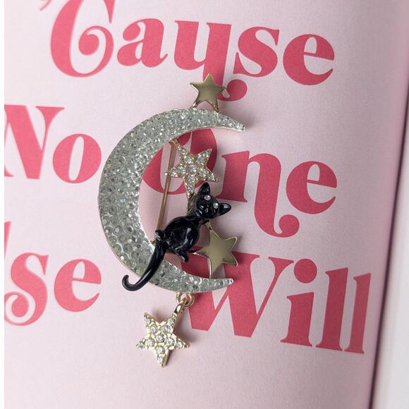 Unique Whimsical Black Cat Gold Star Sitting on Moon Brooch Pin - Picture 2 of 2